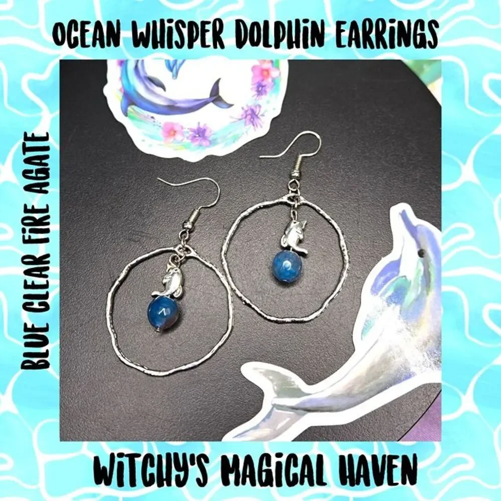 Ocean Whisper Dolphin Blue Fire Agate Gemstone Earrings
